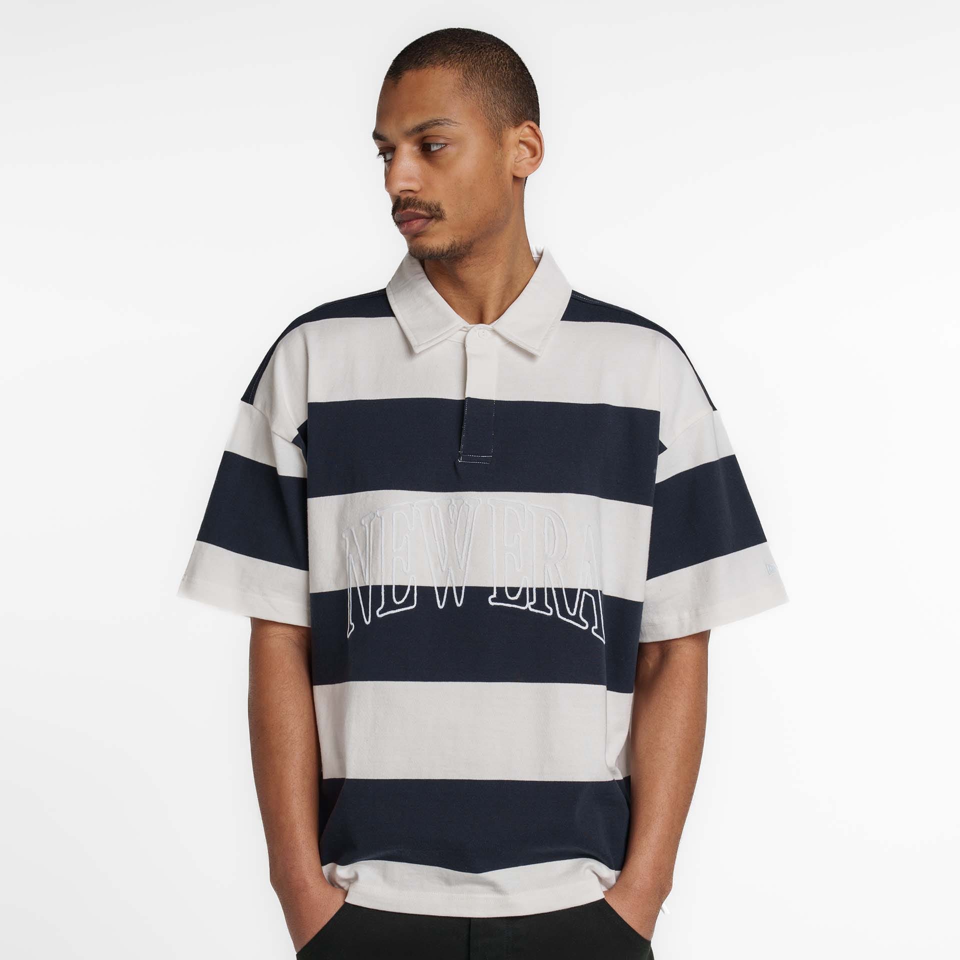 New Era Branded Embroidered Yarn Dye Navy Rugby Shirt - Image 4
