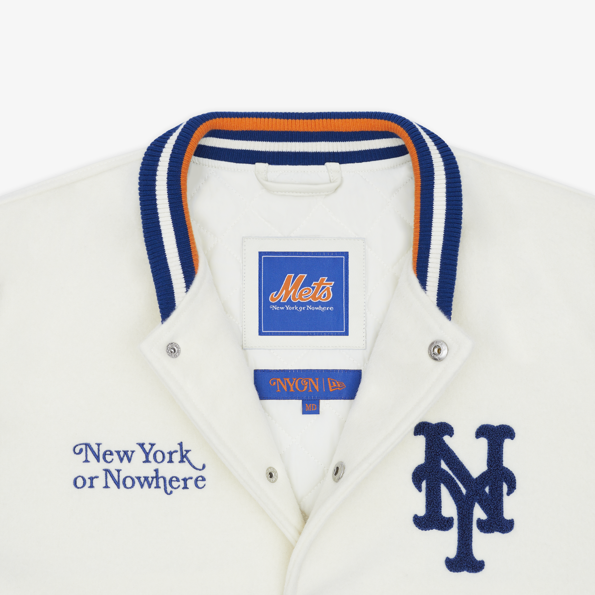 New York or Nowhere x New York Mets Youth Chrome White Motto Varsity Jacket - Image 3